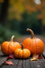 Three pumpkins, varied sizes, wood, autumn leaves, blurred background , image, orange
