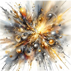 Vibrant Abstract Art: Gold and Yellow Explosion with Spherical Metallic Details