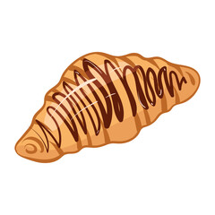 French croissant with chocolate. Fresh pastry, for menu, cafe, bakery, packaging and scrapbooking. Vector illustration. Sweet food isolated on white background. Tasty dessert for breakfast.