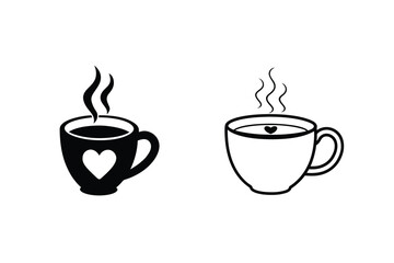 Two steaming coffee cups, one with heart design, hot beverage icons