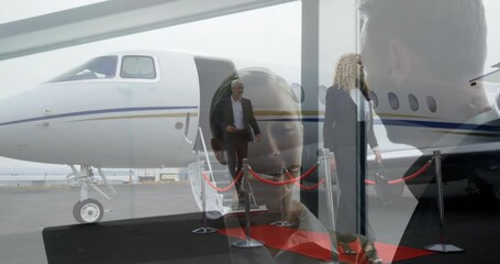 Exiting private jet on red carpet, business people with smiling woman animation - Powered by Adobe