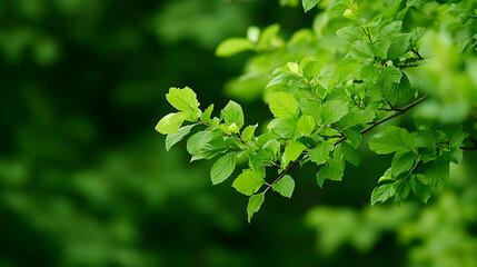 Obraz premium Close Up Of Bright Green Leaves On A Branch Against A Blurred Natural Background