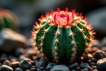 Globular cactus, vibrant red blooms, spines visible, arid, vibrant