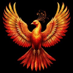 Firebird revealing its golden-red wings on a dark background (mythical art). Generated AI