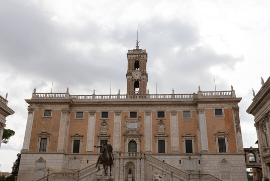Rome, Italy - 25 February 2020: Front facade of Palazzo Senatorio. One of the main tourist attractions of Rome, Italy