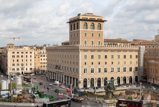 Rome, Italy - 25 February 2020: View over Palazzo delle Assicurazioni Generali. It is visible that Piazza Venezia is under maintenance or renovations