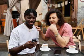 Love blooms over coffee as a handsome gay couple enjoys an intimate cafe date together