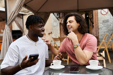 Couple enjoying a delightful date at a cozy cafe with smiles and warm conversations
