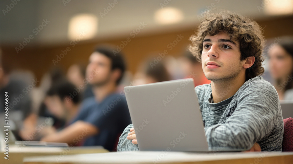 Poster student attentively listens to a lecture while focused on their laptop, surrounded by peers in a mod
