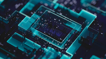 Abstract digital circuit board design with glowing elements and intricate patterns in a tech environment