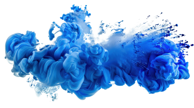 Blue ink cloud spreading in water with transparent background