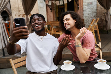 Joyful moments shared by a loving gay couple enjoying their time at a cozy cafe