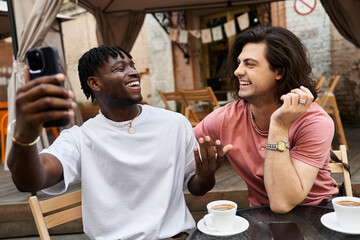 Joyful moments shared by a loving gay couple on a delightful date in a cozy cafe