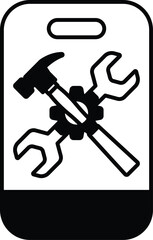 A hammer and wrench are shown in a black and white image