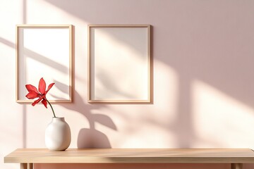 Red Flower in White Vase with Frames on Light Pink Wall and Shadow Patterns Art
