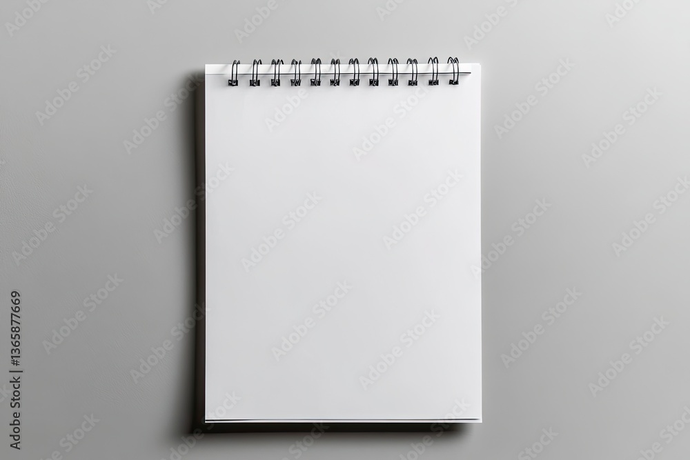 Poster ring bound notepad with white pages on gray background, blank sheet for text