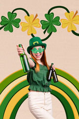 Sketch contemporary photo collage of happy ginger girl hold beer bottle wear saint patrick day...