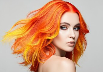 Obraz premium Vibrant woman with stunning orange and yellow hair flowing gracefully