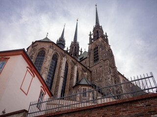 An unusual view of the Cathedral of Saints Peter and Paul in Brno, Czech Republic, with detailed...