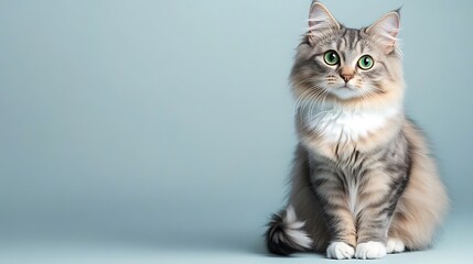 An adorable fluffy Scottish Fold cat with striking green eyes, sitting poised with its tail wrapped around its paws, set on a solid light blue background