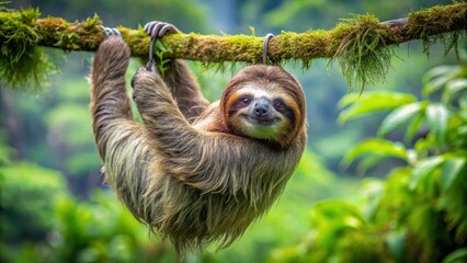 Fototapeta premium A three-toed sloth hanging upside down from a mossy branch in a lush green rainforest
