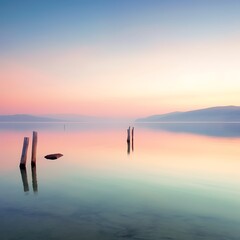 Fototapeta premium Serene Sunset Over Calm Lake With Wooden Posts
