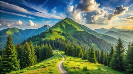 Naklejka premium Serene mountain path winding through lush green hills and coniferous forests under a vibrant sunset sky