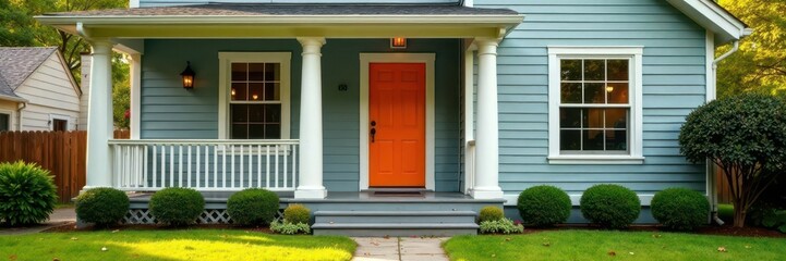 Suburban grey house; white columned porch, vibrant orange door , building, columns