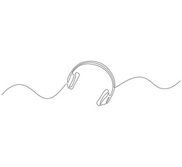 Headsets outline drawing illustration. Continuous line draw wireless headphones vector.