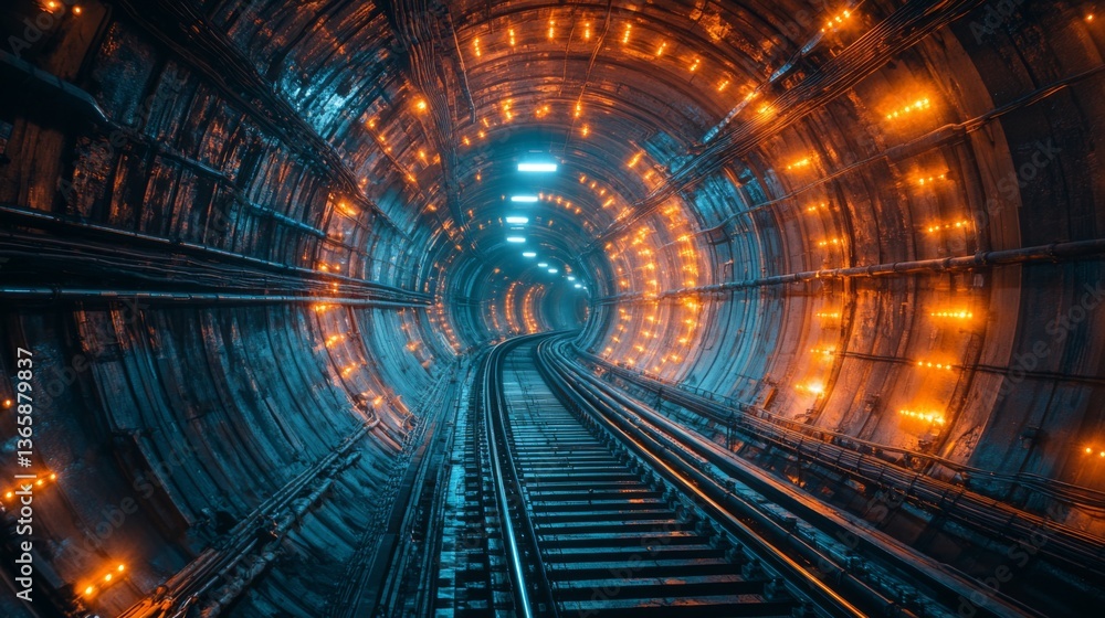 Aufkleber a brightly lit subway tunnel features glowing lights illuminating the curved tracks, highlighting th