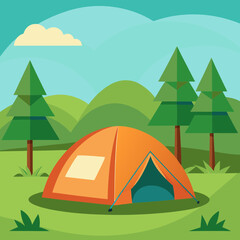 Camping adventure in the mountains and forest with a tent, trees, and a peaceful lake under a clear sky