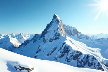 Fototapeta premium Snow-covered mountain peak, stark white, sunlit texture , alpine, majestic