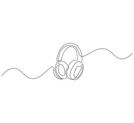 Obraz premium Headsets outline drawing illustration. Continuous line draw wireless headphones vector.