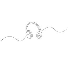 Obraz premium Headsets outline drawing illustration. Continuous line draw wireless headphones vector.