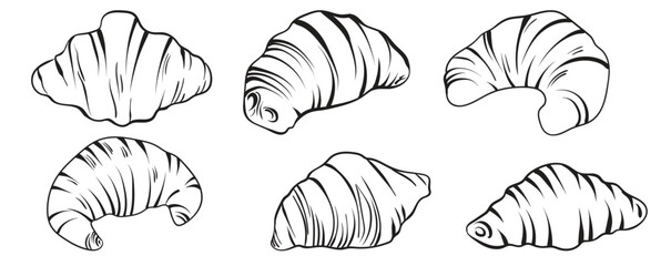 French croissant, hand drawn sketch black ink. Fresh pastry, for menu, cafe, bakery, logo, packaging. Vector set of sweet food. Tasty dessert for breakfast.