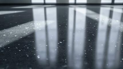 Shiny Gray Epoxy Floor With Reflective Light Patterns. Gray Epoxy Texture