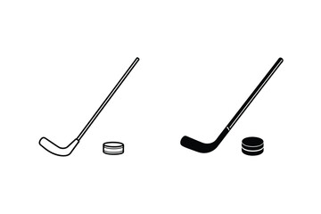 Ice Hockey Stick and Puck Icons Line and Solid Styles