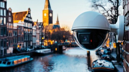 Surveillance camera monitoring scenic canal amsterdam digital photography urban landscape aerial view security concept