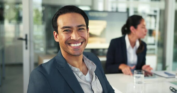 Face, group and man with smile, boardroom and ambitious for career growth in company and confident. Corporate, colleagues and person with pride in business, happiness and account manager in meeting