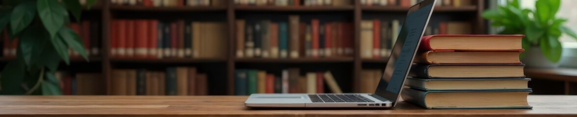 Open laptop next to a high stack of books, library bokeh , modern, e-learning, blur
