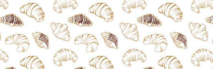 French croissant seamless pattern, hand drawn sketch. Fresh pastry, for menu, cafe, bakery, logo, packaging. Vector sweet food background. Tasty dessert for breakfast.