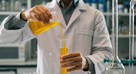 Scientist pouring yellow liquid into a test tube in a laboratory setting