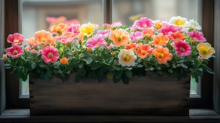 Colorful petunias blooming in wooden planter on windowsill
