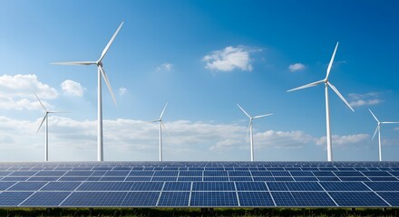 A clean energy concept with solar panels and wind turbines against a bright blue sky, symbolizing renewable energy solutions. 
