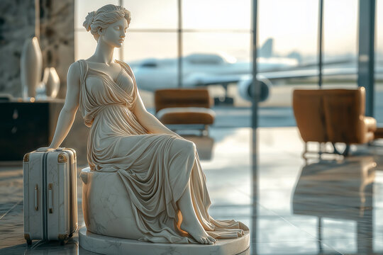 Classic Greek marble statue resting and waiting beside travel suitcase in modern airport. Flight delayed, cancelled or overbooked. Contrast between classical art and modern travel in a vibrant setting