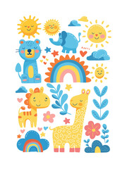 cute animal and rainbow illustration with sunshine and plants