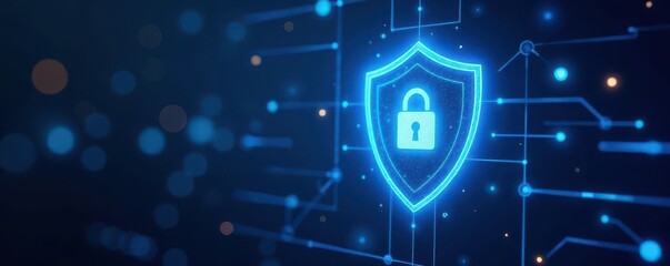 Dynamic blue energy surrounds a glowing security icon , cyber security, protection