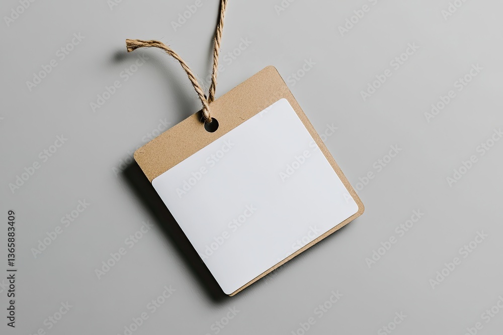 Poster square tag with jute string on light gray background. cardboard frame, white insert