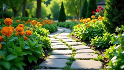 Obraz premium Stone pathway winding through garden, curving lines create visual rhythm, environment, form