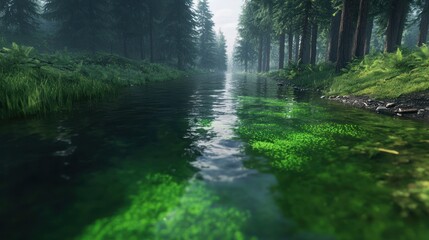 Obraz premium Serene forest landscape with a reflective river, lush greenery, and soft sunlight filtering through trees